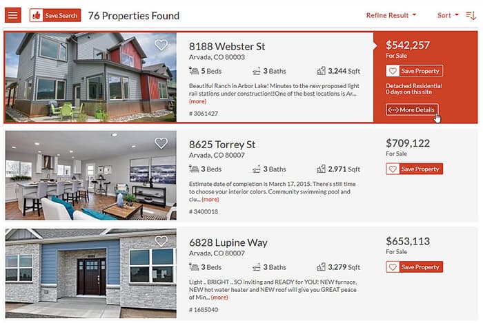 The List Widget displays properties in a list