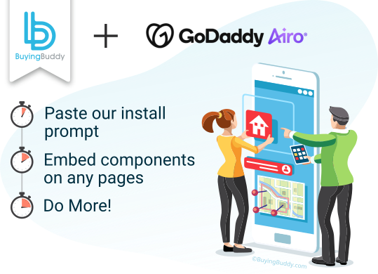 Adding Buying Buddy to a GoDaddy Airo app: install the package, add the provider, add widgets.