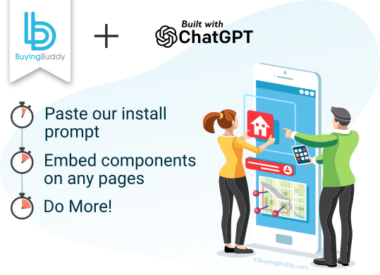 Adding Buying Buddy to a ChatGPT-built site: paste the plugin loader, add widget elements, publish.