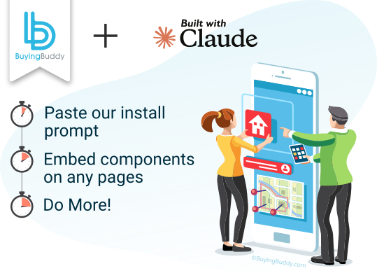 Adding Buying Buddy to a Claude-built site: paste the plugin loader, add widget elements, publish.