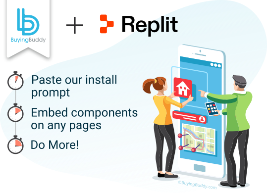 Adding Buying Buddy to a Replit app: install the package, add the provider, add widgets.
