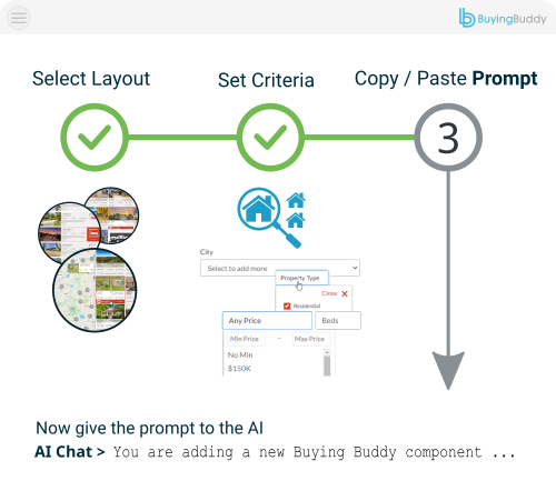 Configuring a Buying Buddy widget in GoDaddy Airo with type and filter to display MLS properties.