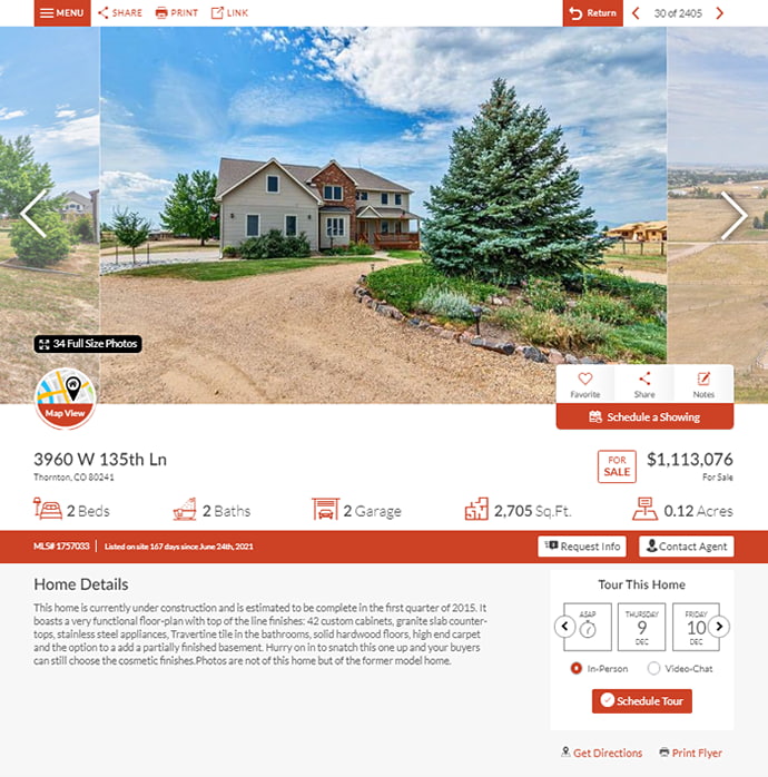 Details of each property showing all features, mapping and lead capture.