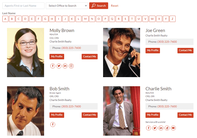 Agent index / roster displays showing all the agents in the brokerage or real estate team.